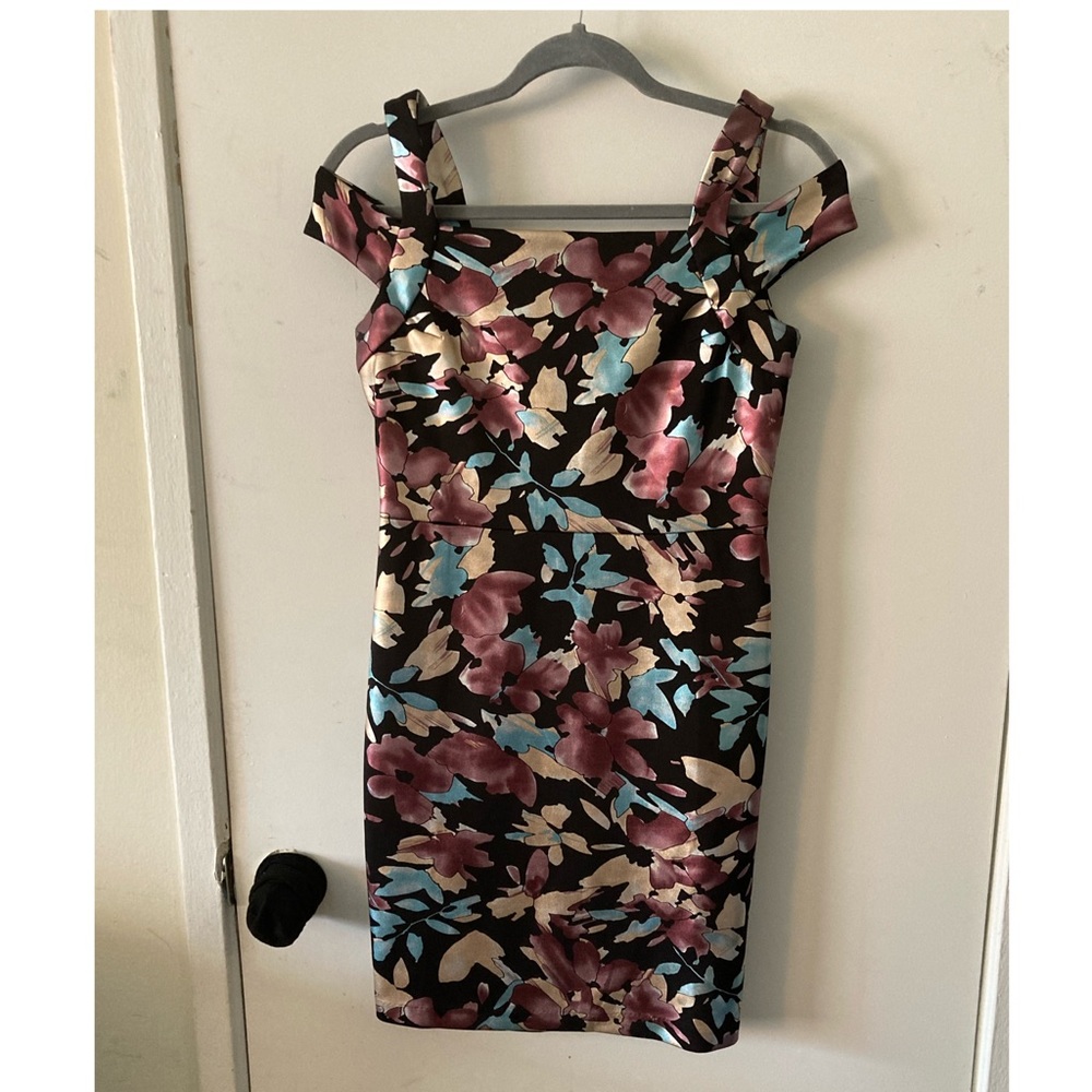 Black dress with metallic floral print, size 4P.